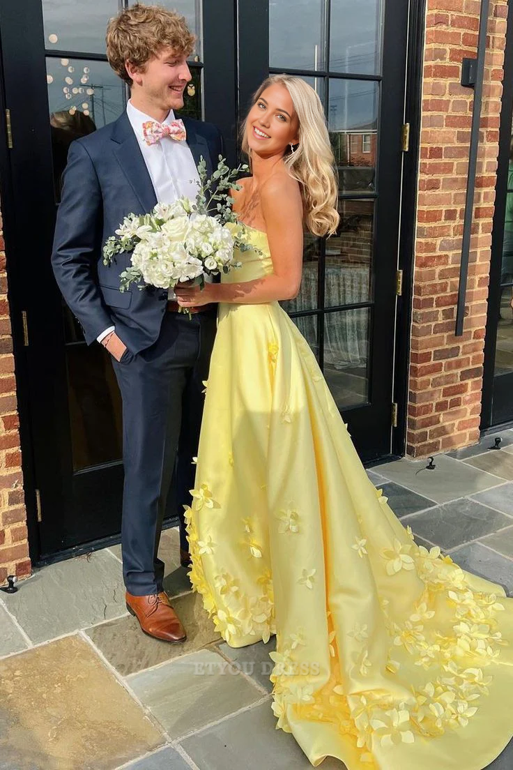 A Line Empire-Waist Yellow Strapless Appliques Satin formal dresses Bridesmaid Dresses evening gown Prom Dress